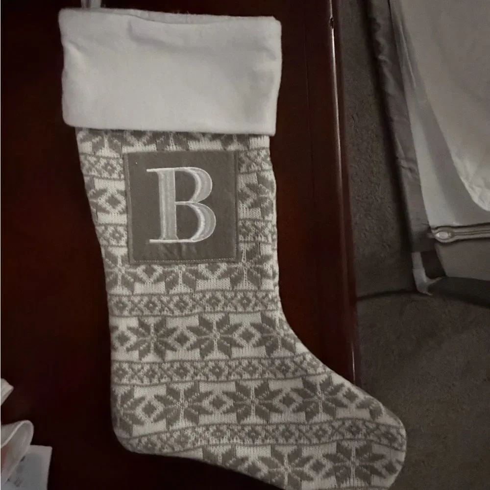 Elegant Monogrammed Holiday Stocking in Gray and White B